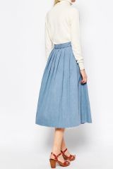 ASOS Denim Pleated Raw Hem Midi Skirt in Blue