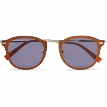 Round-Frame Leather-Trimmed Acetate And Gunmetal-Tone Sunglasses