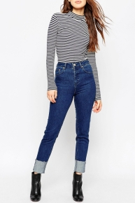 Farleigh Slim Mom Jeans in Flat Blue Dancer Wash With Deep Turn Up