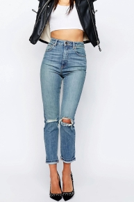 High Waist Slim Mom Jeans in Myth Wash With Rips