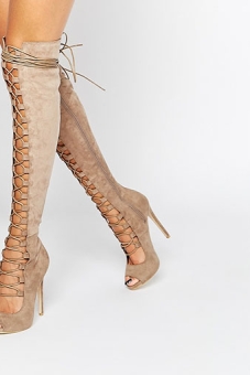 Daisy Street Taupe Lace Up Ghillie Over The Knee Boots