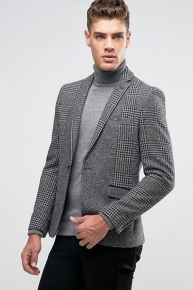 River Island Skinny Fit Wool Jacket In Grey Check