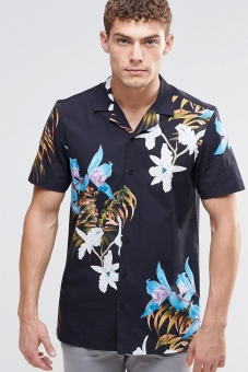 ASOS Shirt In Hawiian Floral Print With Revere Collar In Regular Fit