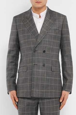 Grey Slim-Fit Double-Breasted Checked Virgin Wool Blazer
