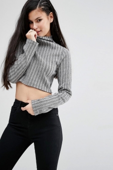 ASOS Crop Top With Raw Hem And Turtle Neck In Long Sleeve Rib