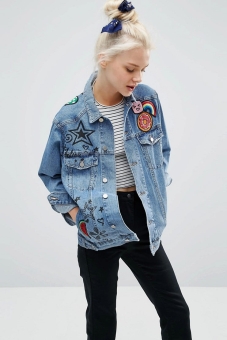 ASOS Denim Girlfriend Jacket In Illustrated Mid Wash With Badges