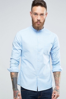 ASOS Skinny Casual Oxford Shirt With Grandad Collar In Blue