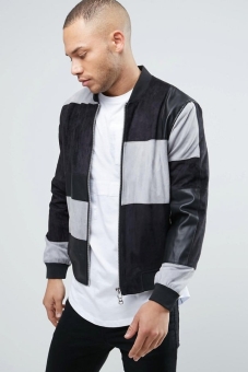 Religion Faux Suede and Leather Patchwork Bomber