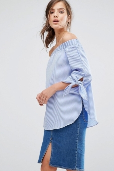 Parallel Lines Off Shoulder Top With Tie Sleeves In Shirting Stripe