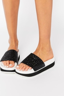TheWhiteBrand Monochrome Glitter Flatform Slider Sandals