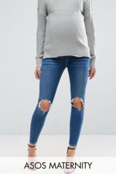 ASOS MATERNITY RIDLEY Skinny Jeans in Roy Dark Stonewash with Busted Knees With Under the Bump Waistband