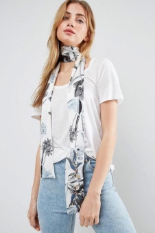 ASOS Floral Print Skinny Scarf With Bird Badge