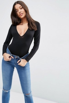 ASOS Body With V Neck Long Sleeve And Thong