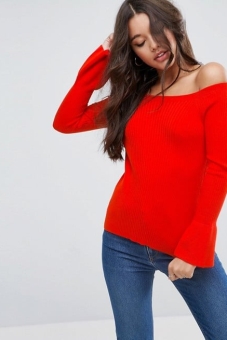 ASOS Jumper In Rib With Off Shoulder And Fluted Sleeves