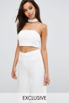Parallel Lines Strapless Crop Top With Choker Neck In Lace