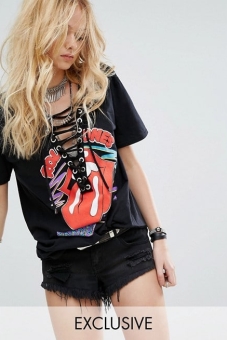 Reclaimed Vintage Inspired Band Rolling Stones T-Shirt With Lace Up Front