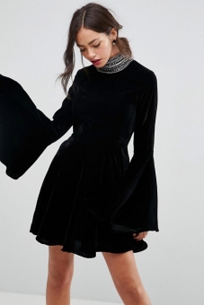 ASOS Velvet Skater with Embellished High Neck Mini Dress