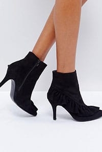 Glamorous Black Ruffle Heeled Ankle Boots