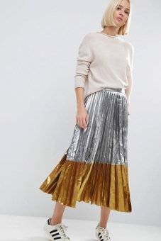ASOS Pleated Midi Skirt in Metallic with Contrast Hem