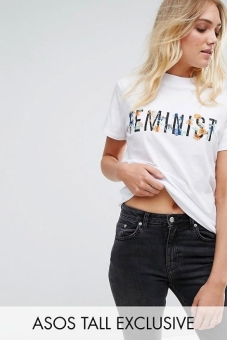 ASOS TALL High Neck T-Shirt With Feminist Print & Embroidery