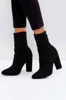Glamorous Black High Sock Heeled Ankle Boots