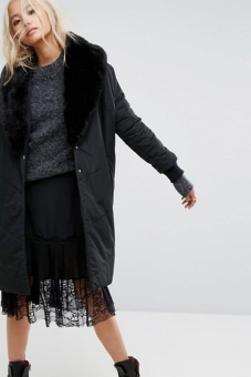 Religion Oversized Padded Coat With Faux Fur Shawl Collar