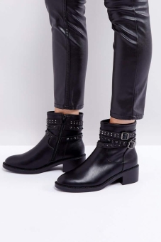 Glamorous Black Studded Flat Ankle Boots