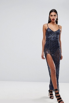 NaaNaa Cami Maxi Dress With Thigh Split In Sequin
