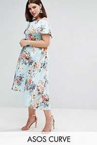 ASOS CURVE Deep Bardot Scuba Bright Floral Dip Back Midi Dress