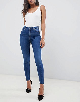 Asos Design Ridley High Waisted Skinny Jeans In Dark Stone Wash With Raw Hem Detail