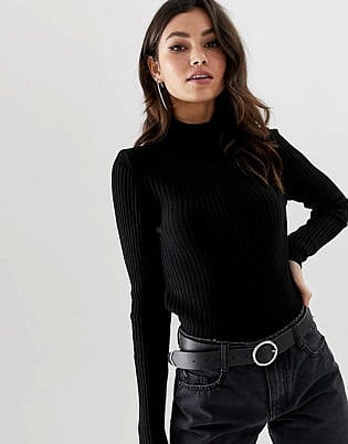 Asos Design Skinny Rib Sweater With Roll Neck Black