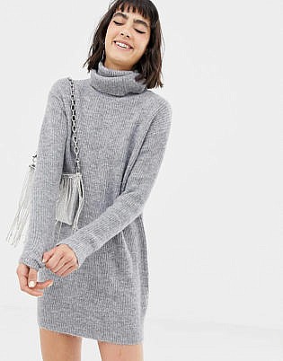 Mango Roll Neck Sweater Dress In Gray