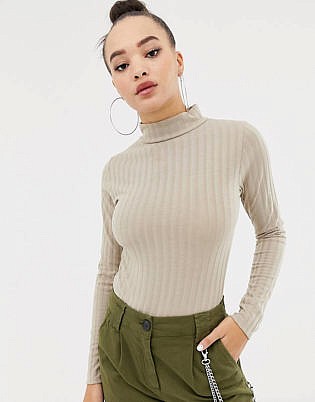 Missguided Ribbed Roll Neck Bodysuit In Beige