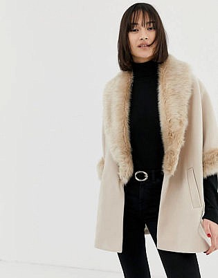 River Island Swing Coat With Faux Fur Collar In Stone