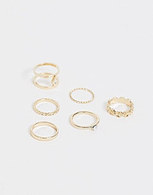 Asos Design Pack Of 6 Rings In Engraved And Floral Design With Crystal In Gold