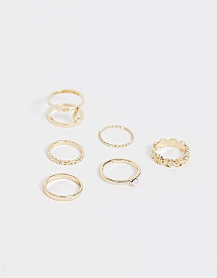 Asos Design 6er Pack Ringe mit Gravur und Blumenmuster mit Kristall in Gold