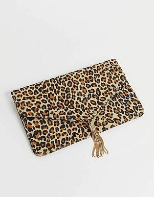 Asos Design Tassel Clutch Bag In Leopard