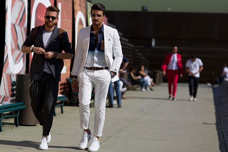 formal suit with sneakers