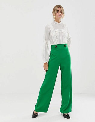 Miss Selfridge Wide Leg Pants With Button Detail In Green