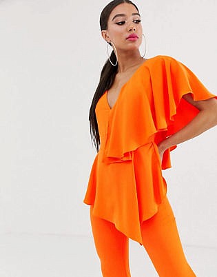 Yaura Plunge Front Ruffle Detail Jumpsuit in Orange