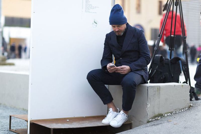 white sneakers with formal pants