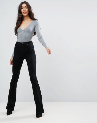 Asos Tall Asos Design Tall Bell Flare Jeans In Clean Black With Pressed Crease