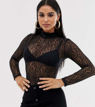 Club L London Petite Sheer Bodysuit In Black Leopard Print