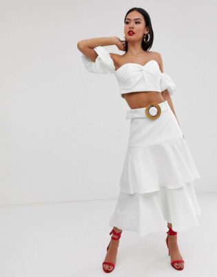 Forever New Tiered Belted Skirt In White