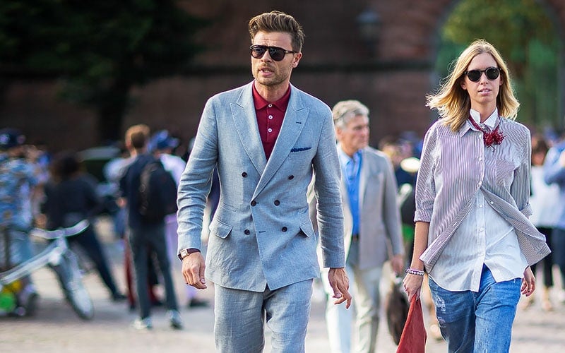 Grey Suit Red Shirt