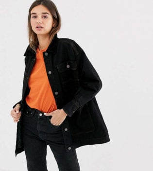 Monki Cord Collar Quilted Longline Denim Jacket In Black