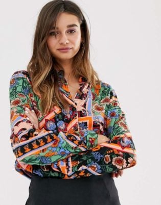 Monki Multi Colour Scarf Print Blouse