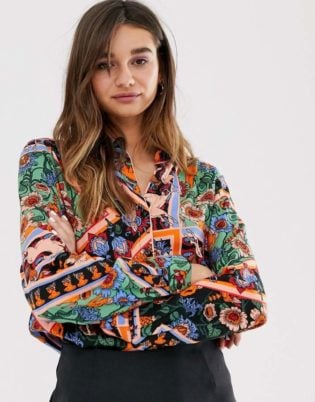 Monki Multi Colour Scarf Print Blouse