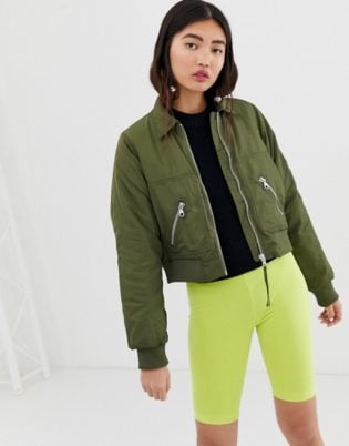 Monki Short Bomber Jacket With Oversized Pockets In Khaki