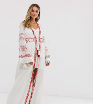 Violet Skye Maxi Kimono Jacket With Fringe Sleeves And Tassels In Cream